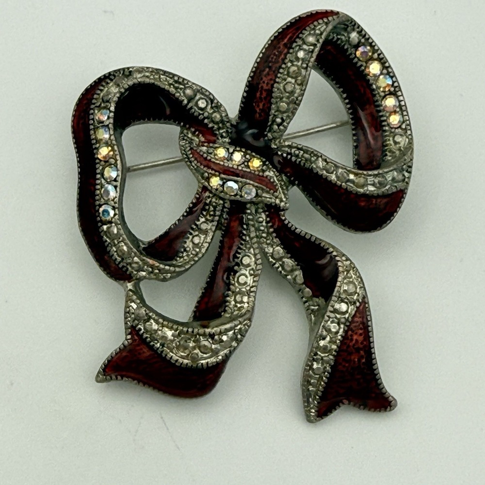 Bow Brooch Red Enamel Aurora Borealis Rhinestone Silver Tone Ribbon Pin 0032